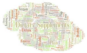 Word cloud with text Dietary Supplements on a white background.