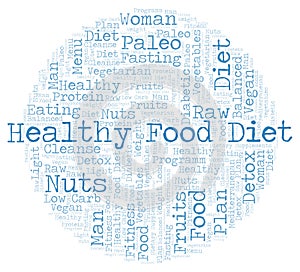 Word cloud with text Healthy Food Diet in a circle shape on a white background.