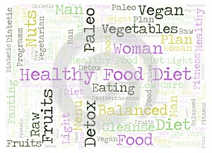 Word cloud with text Healthy Food Diet in a horizontal shape on a white background.