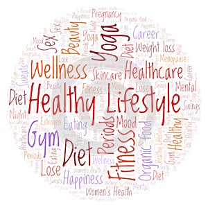 Word cloud with text Healthy Lifestyle in circle shape on a white background.