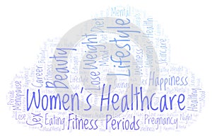 Word cloud with text Women's Healthcare on a white background.