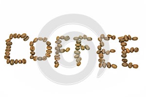 Word coffee formed with roasted organic coffee beans, isolated
