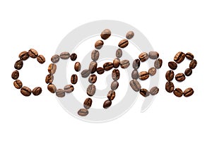 Word coffee made of roasted coffee beans. Food lettering