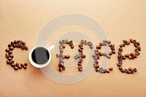 Coffee beans form a word.