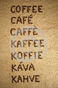 Word coffee in various languages photo