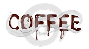 Word Coffee written with liquid chocolate with milk splashes