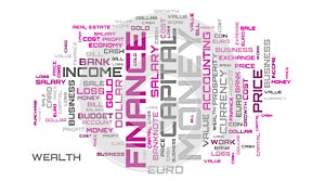 Word collage on white background. Finance pink word cloud background