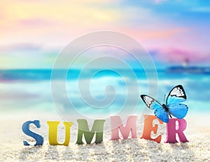 Word of color letters on summer beach and butterfly