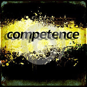 Word `competence` on black and yellow grunge background.