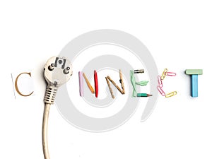 The word connect created from office stationery.