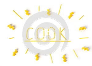 word `cook` inside circl of pasta isolated white