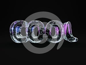 Word COOL made from ice letters on black background. 3d