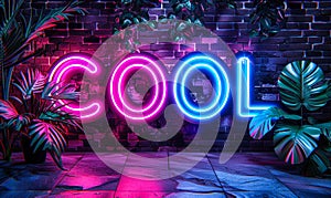 The word COOL in neon lights with a dual-tone blue and pink glow, surrounded by dark tropical leaves on a textured wall