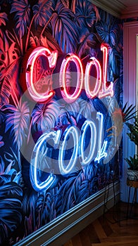 The word COOL in neon lights with a dual-tone blue and pink glow, surrounded by dark tropical leaves on a textured wall