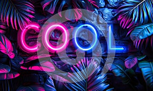 The word COOL in neon lights with a dual-tone blue and pink glow, surrounded by dark tropical leaves on a textured wall