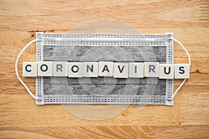 Word CORONAVIRUS with face mask on wood background with copy space. Global novel coronavirus Covid-19 outbreak around the global