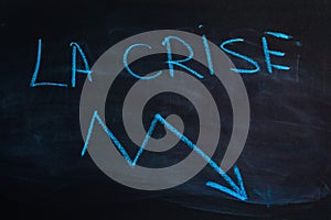 The word `crisis` in french. The inscription `crisis` on the blackboard.