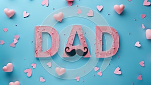 Happy Father\'s Day. Greeting cards, word DAD from pink tree on blue one-tone background with hearts photo