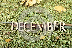 Word December corrugated saddle on autumn mood background