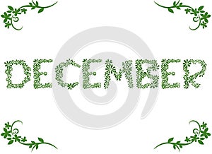 Word December write with leaves on white background