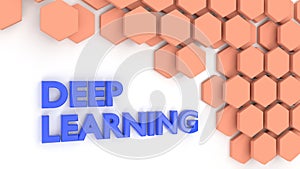 The word deep learning in blue on white next to hexagon pattern