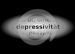 Word depression highlighted by light, gray tones, german, isolated.