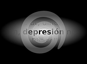 Word depression highlighted by light, gray tones, spanish, isolated.