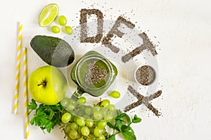 Word detox is made from chia seeds. Green smoothies and ingredients. Concept of diet, cleansing the body, healthy eating photo