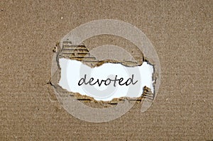 The word devoted appearing behind torn paper