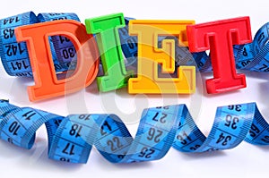 Word Diet written by colorful letters with blue measuring tape o