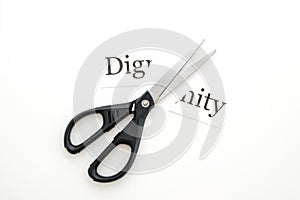 The word dignity is written on a piece of paper and scissors on a white background cut the word
