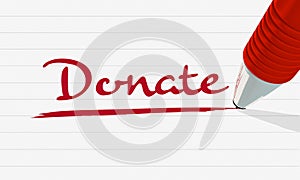 The word donate handwritten in red text with a ballpoint pen on lined paper.