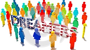 The word dreamers with an american flag texture surrounded by a