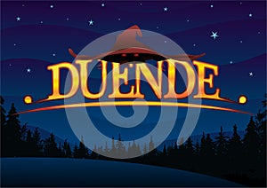 Word DUENDE - leprechaun in Spanish language. Letters in yellow color on a dark blue sky with stars with a silhouette of trees at photo