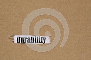 The word durability is written in a hole in the cardboard. The concept of durability