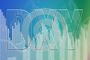 Word DXY on blue and green soft focus finance background