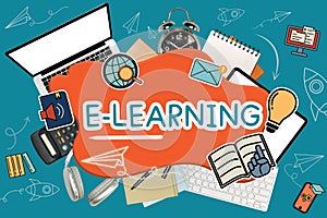 Word e-learning surrounded by various school supplies and laptop on blue background