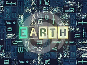 The word Earth as neon glowing unique typeset symbols, luminous letters earth