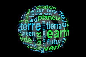 Word Earth, translated in many languages, blue and green on black photo