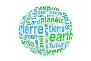 Word Earth, translated in many languages, blue and green on white