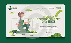 Word environment day girl planting plants care of sustainable Ecology conservation nature banner template web poster