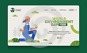 Word environment day woman planting plants care of sustainable Ecology conservation nature banner template web poster