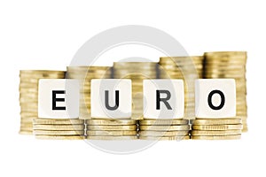 Word EURO (European Currency) on Gold Coin Stacks Isolated White