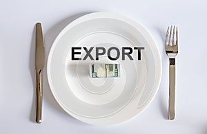 Word EXPORT of USA dollar currency concept photo with default sign on the white plate