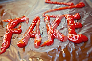 The word 'FAKE' is styled provocatively in ketchup