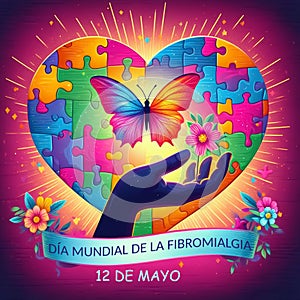 Word fibromyalgia day in Spanish Heart poster made of colourful puzzles photo