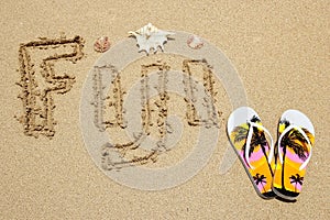 Word Fiji written on a beach