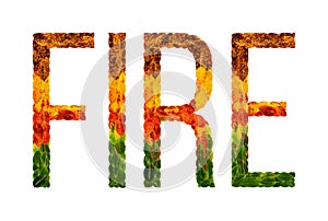 Word fire written with leaves white isolated background, banner for printing, creative illustration of colored leaves.