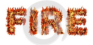 The word FIRE written with letters made from fire on white background