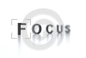 The word FOCUS with focus in the foreground and a blurred background. Interface viewfinder. Video camera focusing screen. Camera